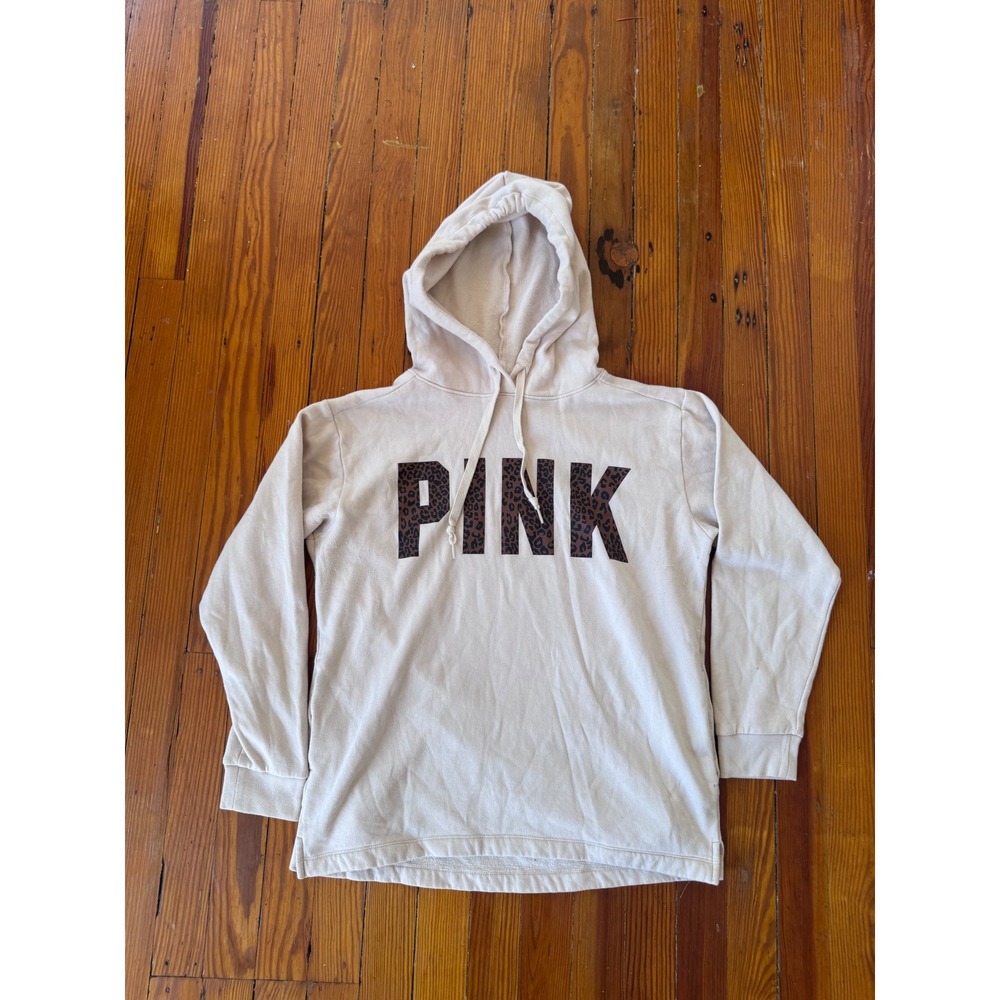 Victoria's Secret PINK Hoodie Beige Leopard Print Logo Pullover Sweatshirt M